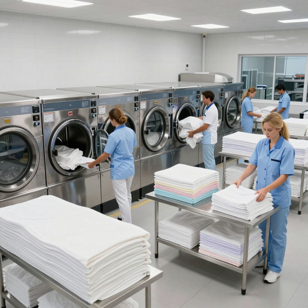 Des personnes trient et plient du linge blanc dans une buanderie, à côté de grandes machines à laver.