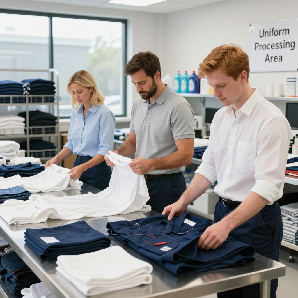 Trois personnes plient et trient les vêtements dans une zone de traitement uniforme.