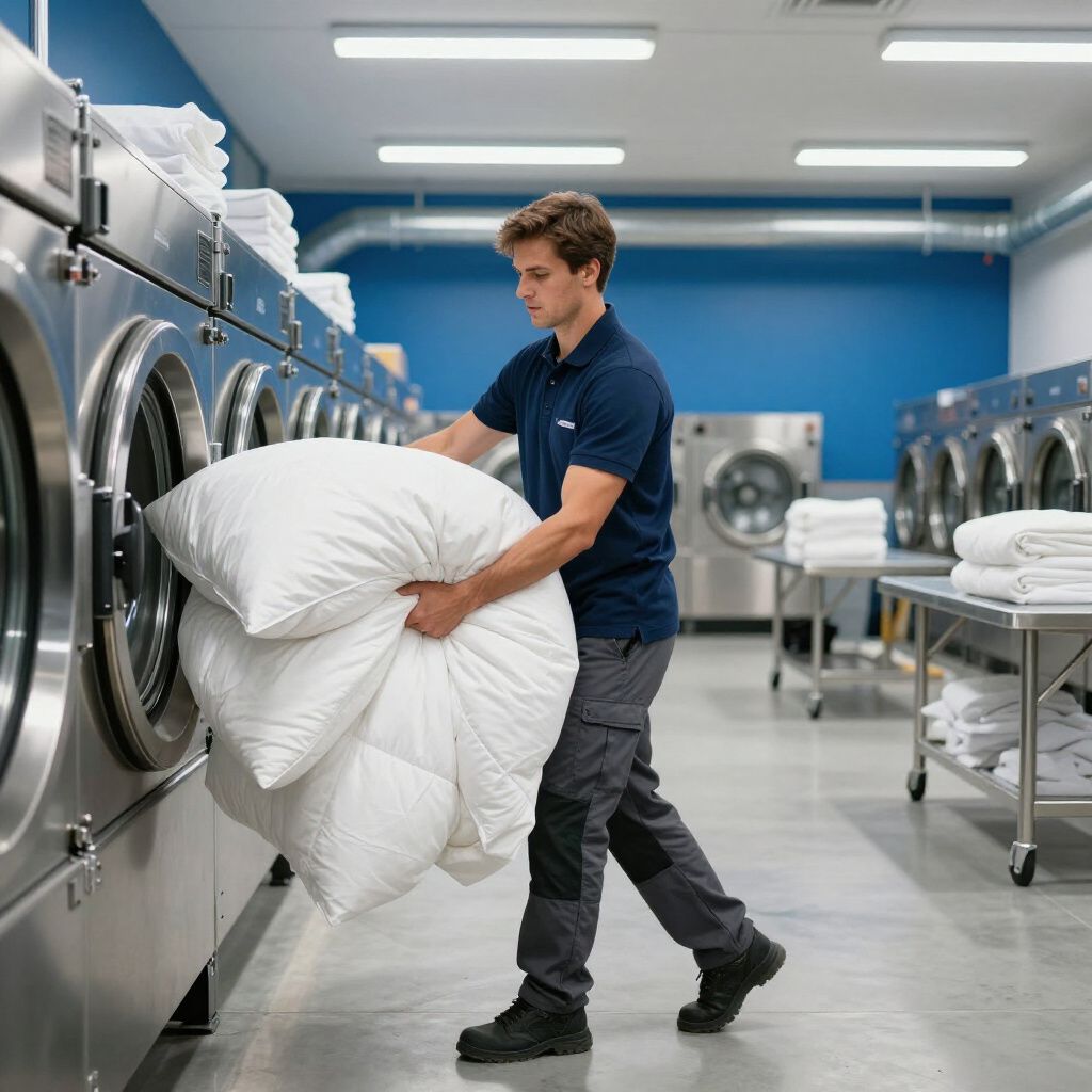 Un homme charge de grands draps blancs dans une machine à laver industrielle dans une buanderie.