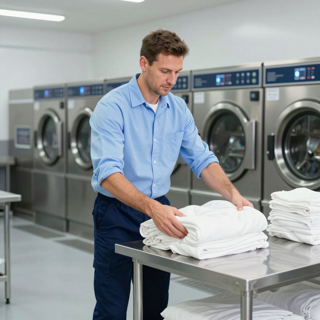Un homme plie du linge blanc dans une blanchisserie, des machines à laver sont visibles en arrière-plan.