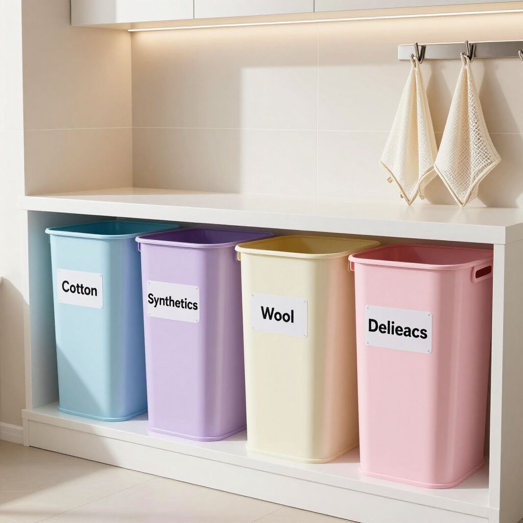 Quatre bacs à linge étiquetés coton, synthétiques, laine et délicats, sur une étagère blanche avec des serviettes.