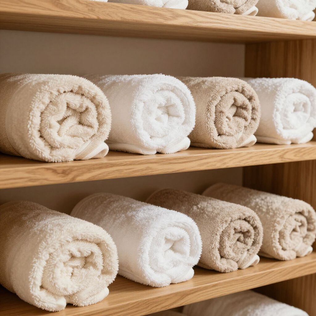 Serviettes roulées sur des étagères en bois dans différentes nuances de blanc et de beige.