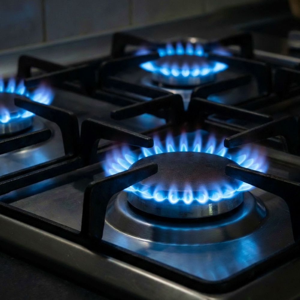Gas stove burners with blue flames.