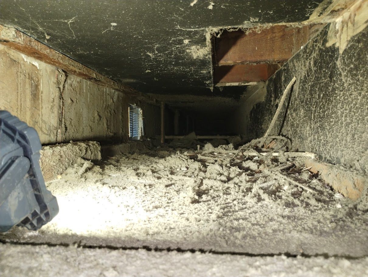 A person is looking down a dirty duct in a building