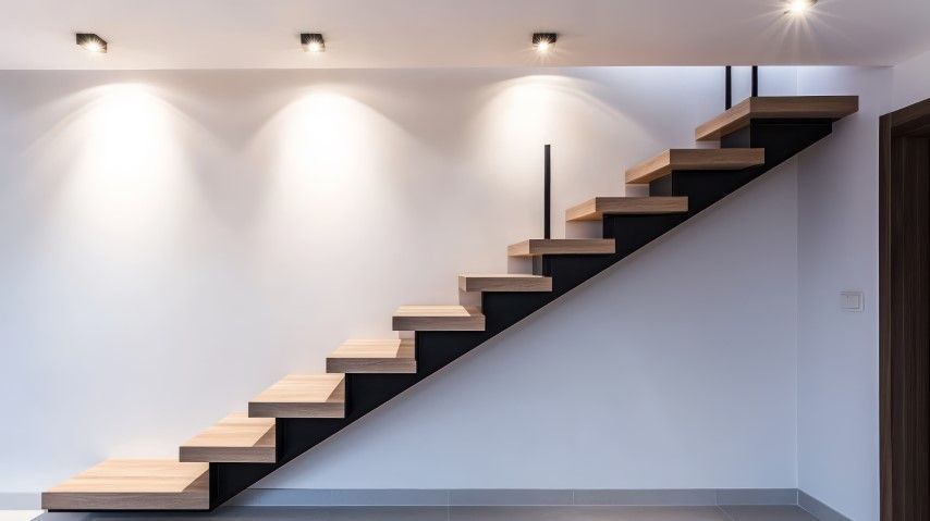Modern wooden staircase in a Denver home with black supports, lit by spotlights.