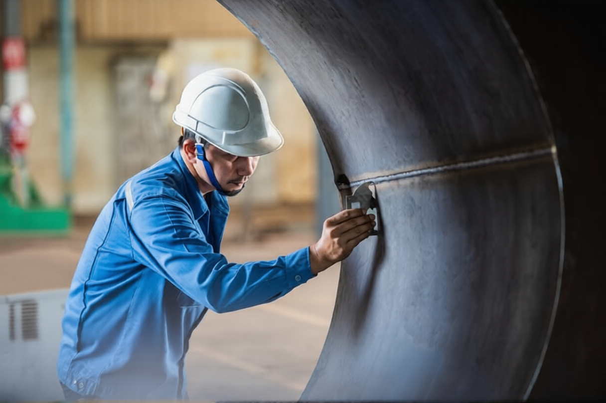 An employee is inspecting a curved metal pipe in a factory.