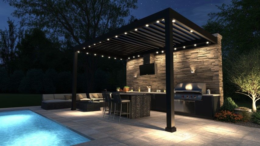 Chic backyard in Fountain, CO with a pool, outdoor kitchen, and LED-lit seating