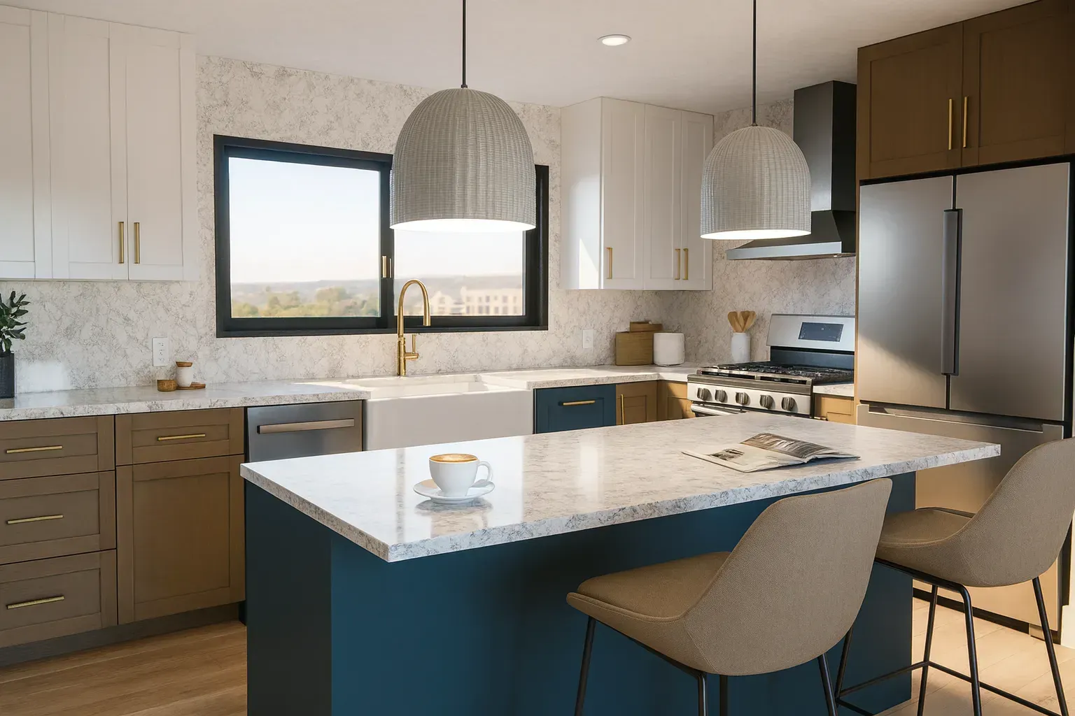 A modern kitchen with a dark blue island, two pendant lights, white and brown cabinetry, and light-colored countertops.