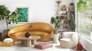 Modern living room with a curved mustard sofa, light wood coffee table, cream accent chair, bookshelves, and plants.