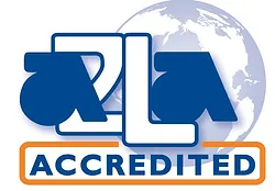 A blue and white logo for accredited with a globe in the background.