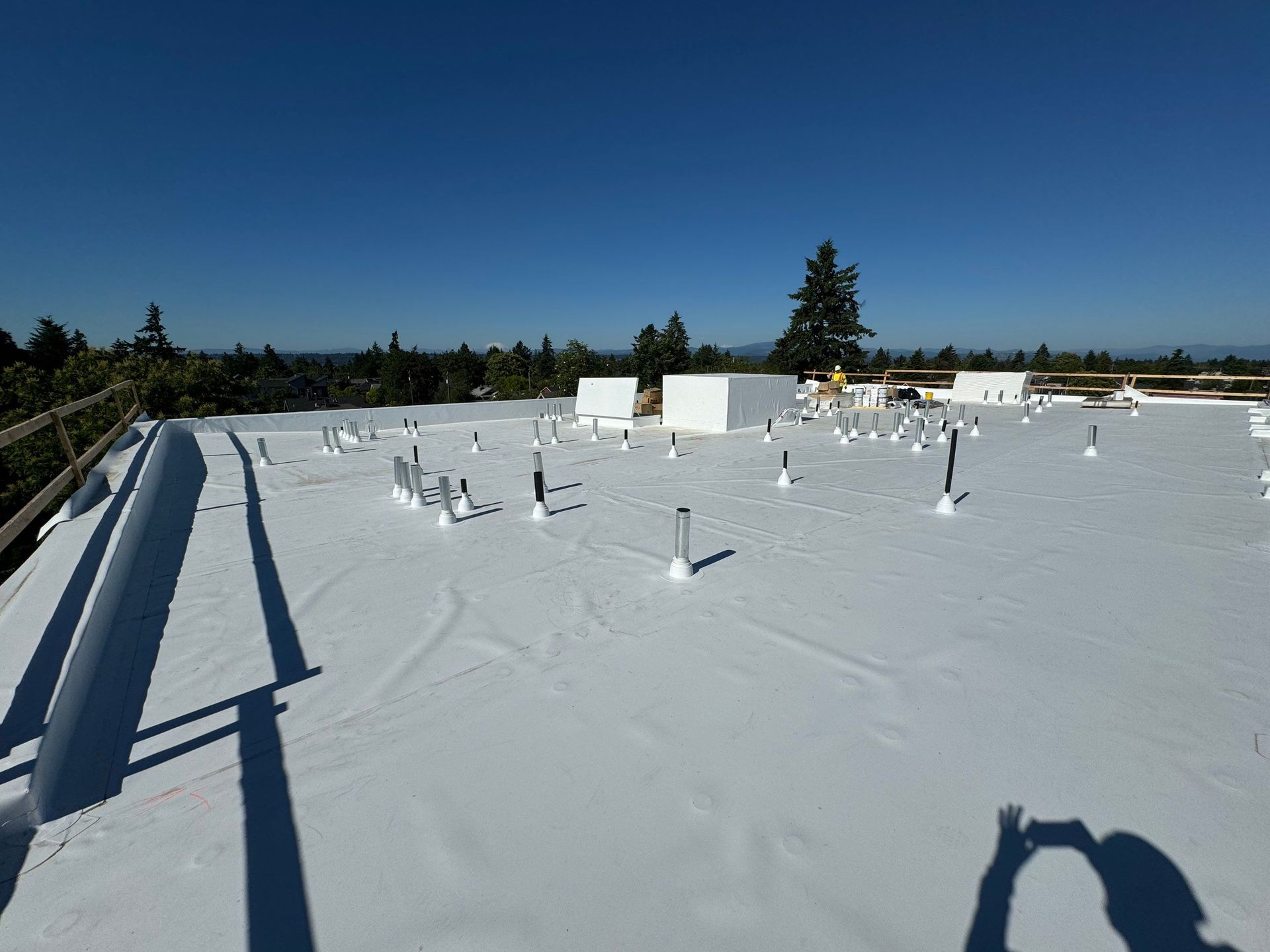 White roof with numerous pipes under a clear blue sky, surrounded by trees.