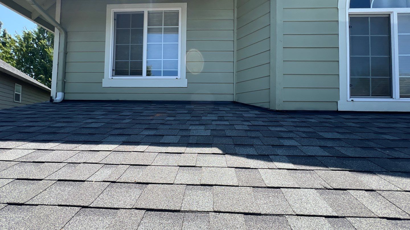 Close-up of a dark shingle roof with a light green house and windows in the background.