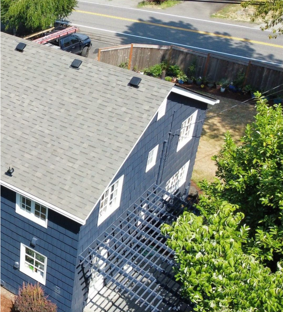 Blue house with gray roof, white windows, and a trellis. Trees and road visible.