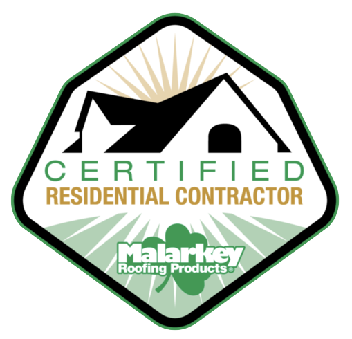 Certified Residential Contractor badge with house silhouette, Malarkey Roofing Products logo.