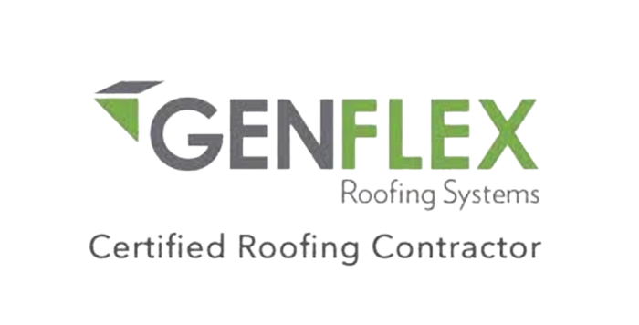 Logo for Genflex Roofing Systems: gray and green geometric design, text