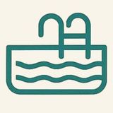 Ícono de piscina verde azulado con agua ondulada y escalera sobre un fondo beige.