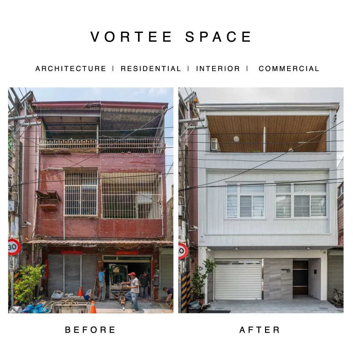 Before and after of a building renovation. Left: red facade with construction. Right: white facade, modern design.