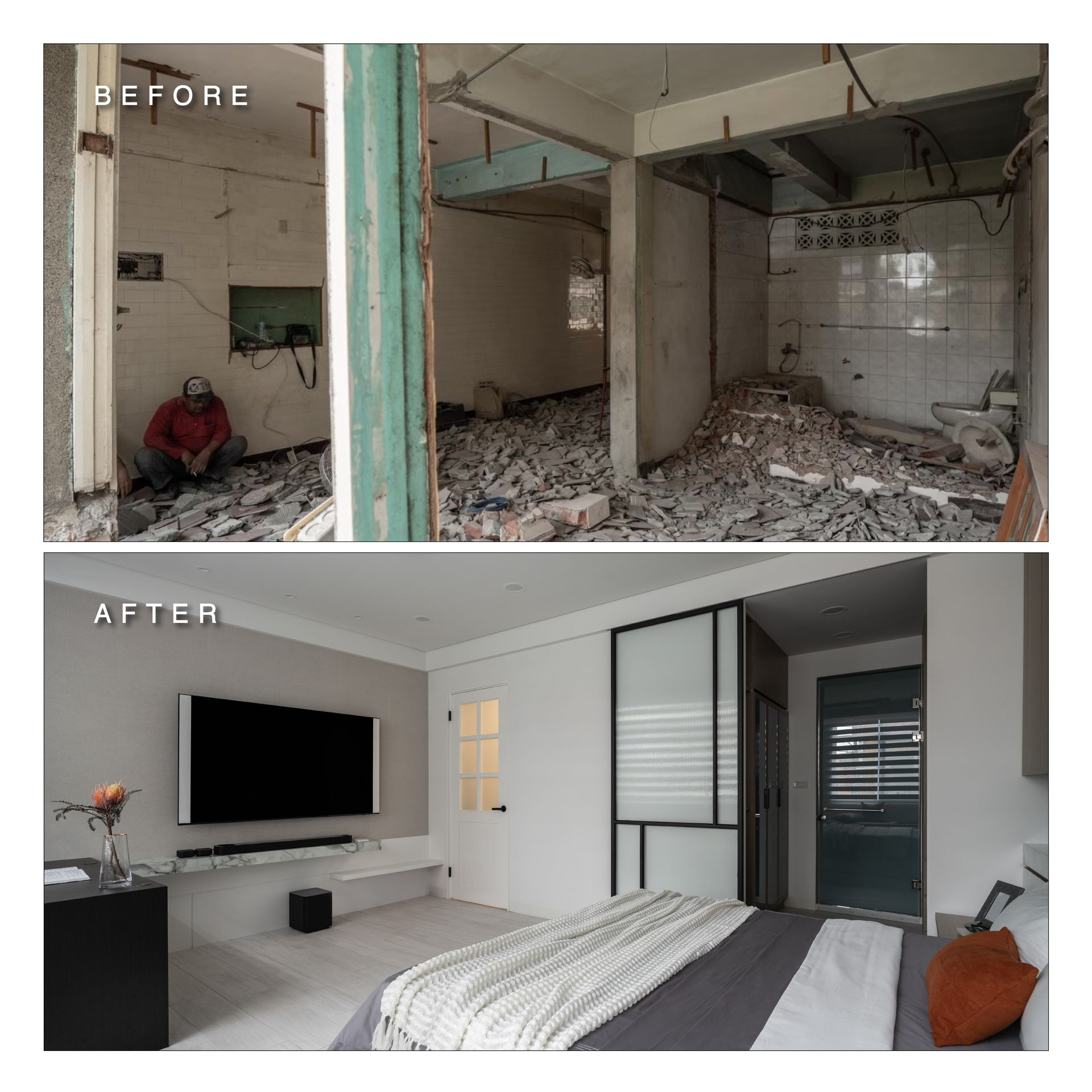 台南老屋室內裝潢翻修紀錄，從拆除工程廢墟變身現代簡約風主臥室