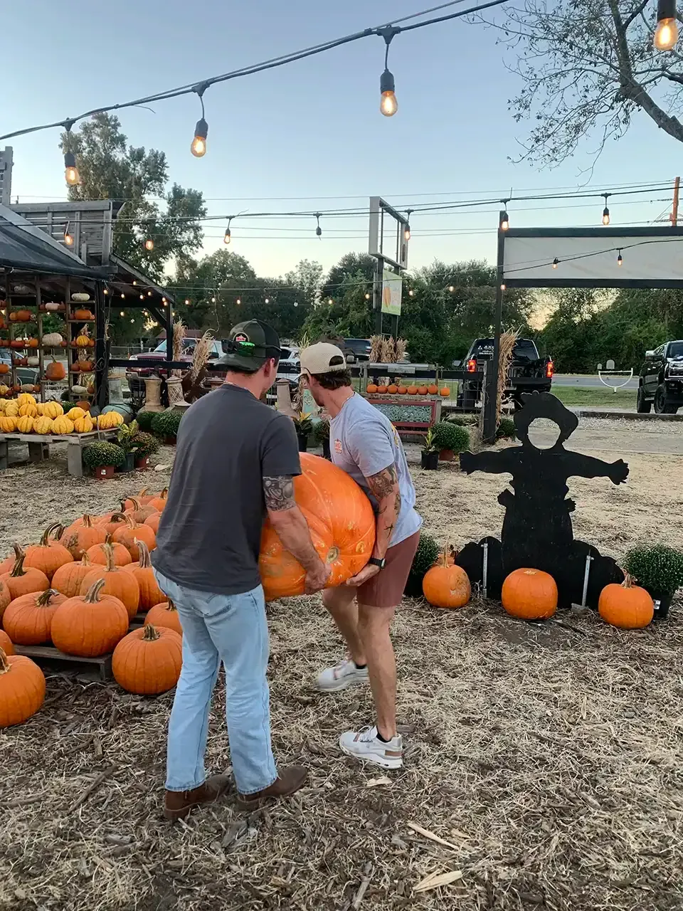 Two men are carrying a large pumpkin in a pumpkin patch.
