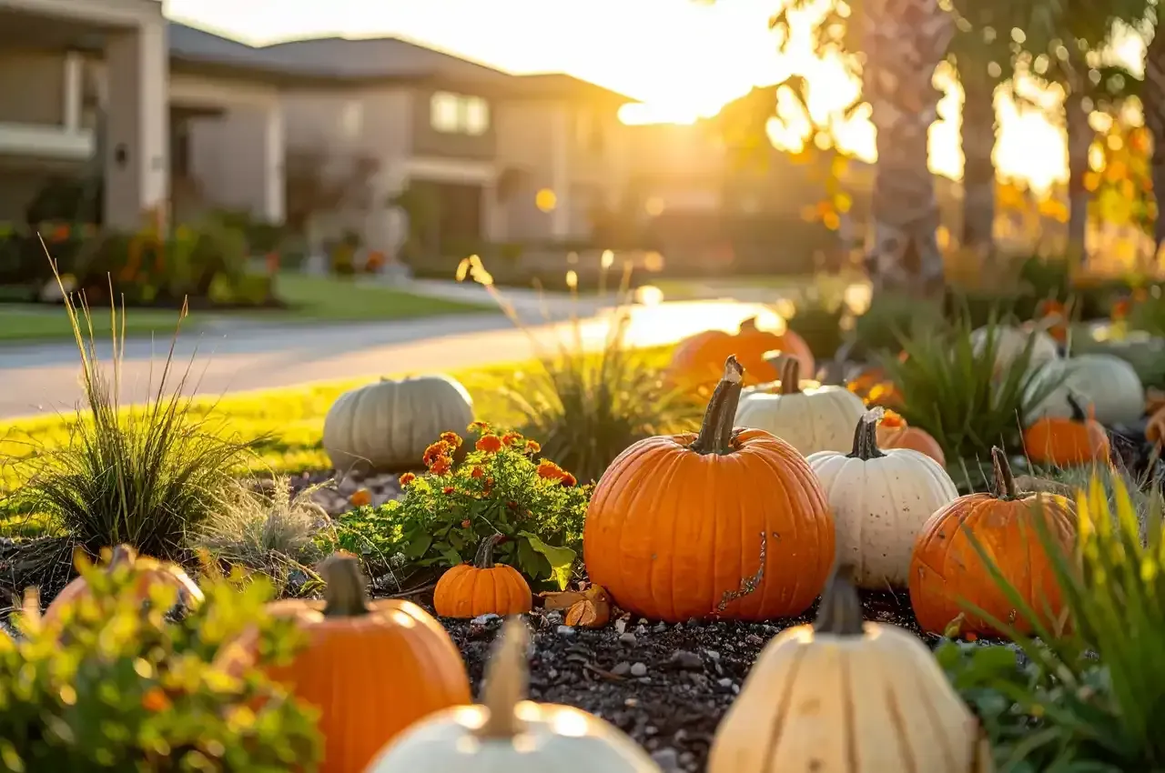 Pumpkins of various sizes and colors in a flower bed, with houses in the background and sunlight.
