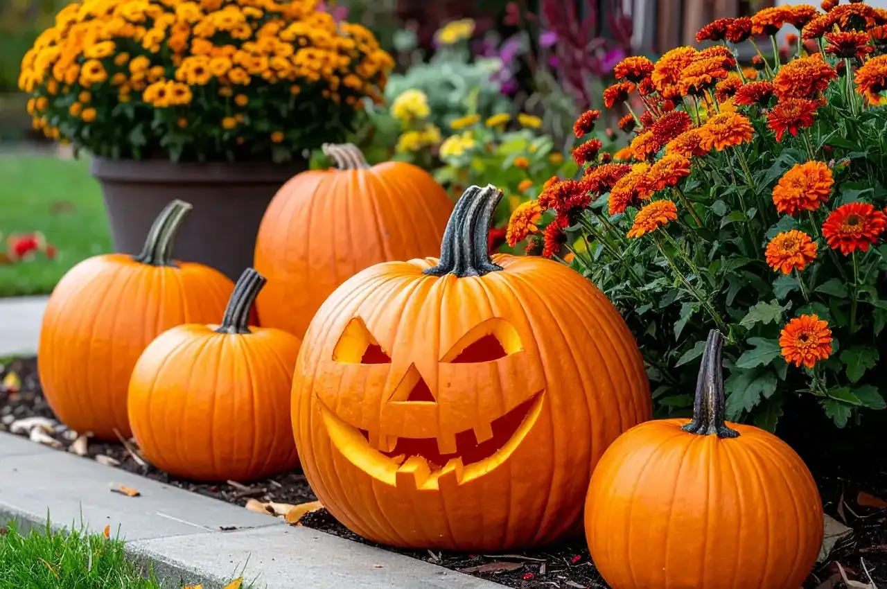 Five orange pumpkins, one carved with a jack-o'-lantern face, sit beside orange flowers in a fall setting.
