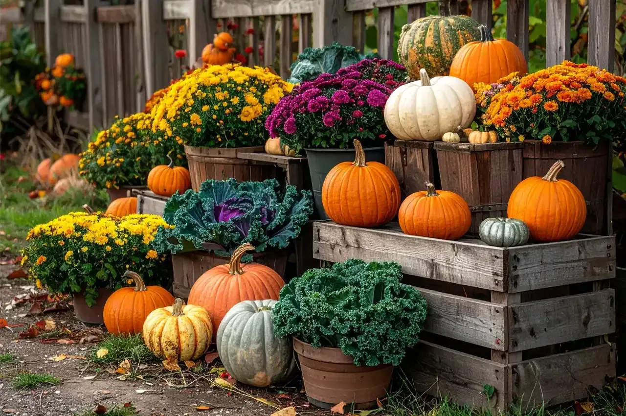 Pumpkins, mums, and ornamental kale displayed on wooden crates by a wooden fence in an autumn setting.