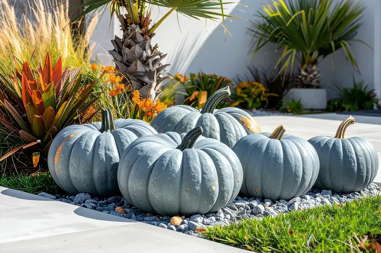 Six blue pumpkins in a garden bed with ornamental grasses, a palm tree, and green plants.