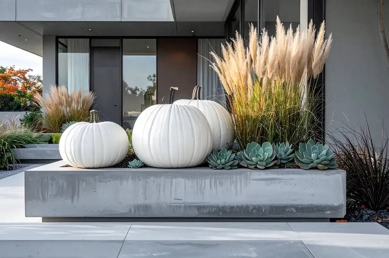 White pumpkins and pampas grass in a concrete planter on a patio, next to a modern building.