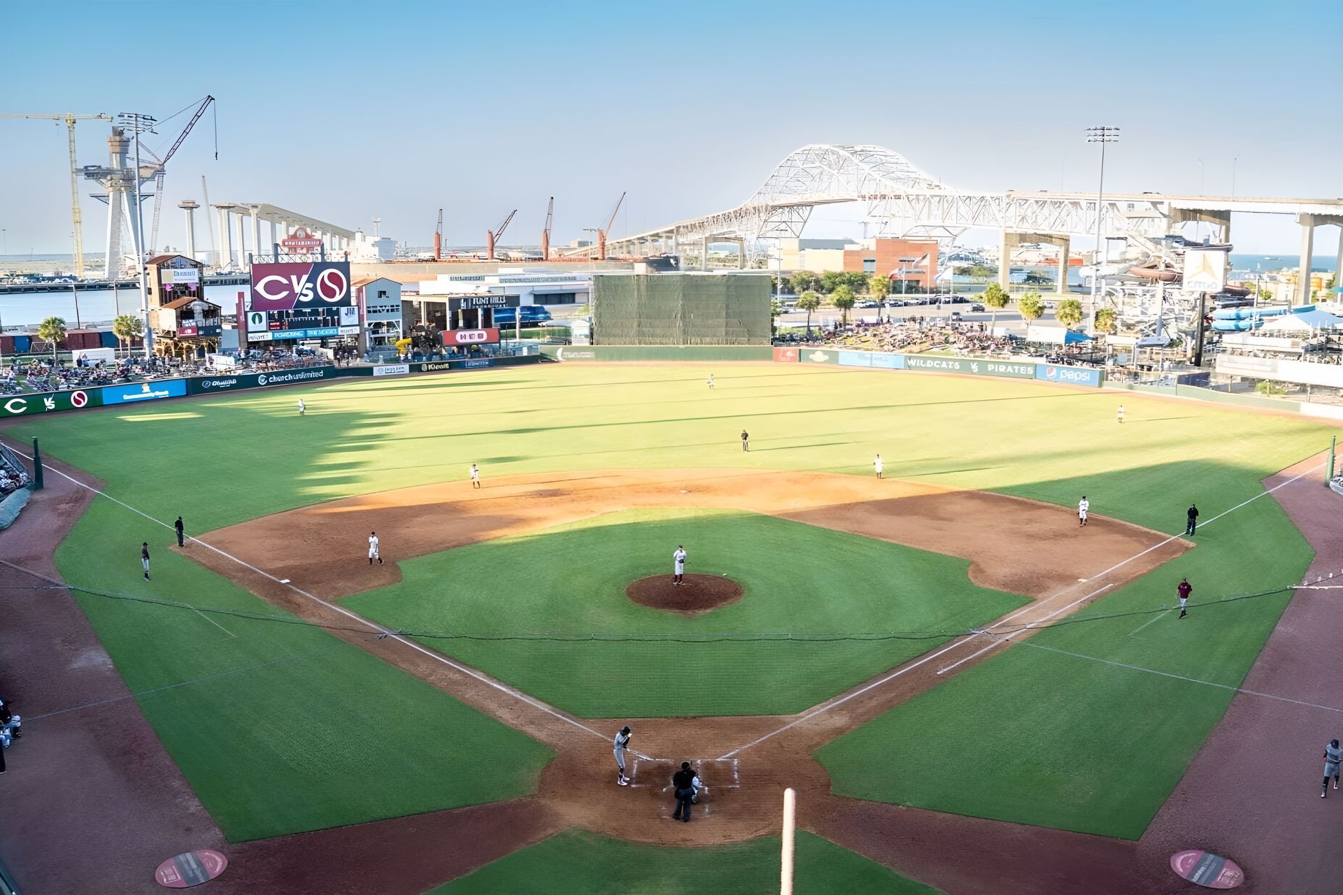 An aerial view of a baseball field with a sign that says c & o on it