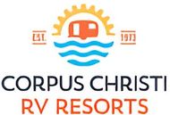 The logo for corpus christi rv resorts shows a camper in the ocean.