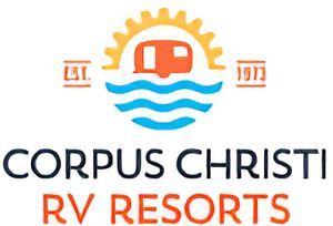 The logo for corpus christi rv resorts shows a camper in the ocean.