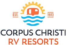 The logo for corpus christi rv resorts shows a camper in the ocean.
