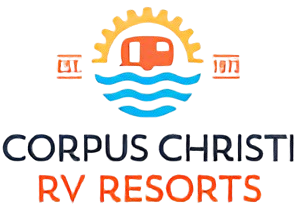 A logo for corpus christi rv resorts with a camper in the water