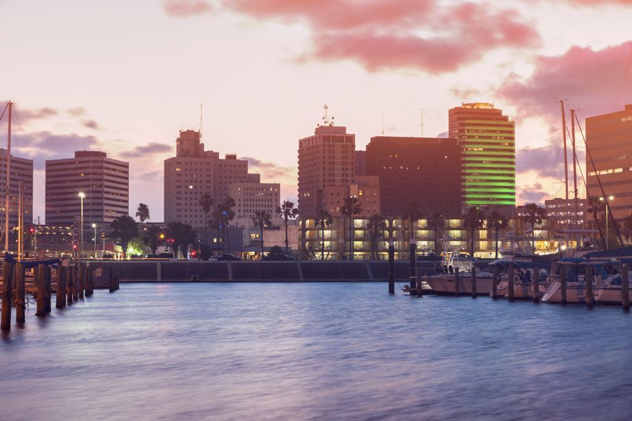 A city skyline is visible over a body of water at sunset.
