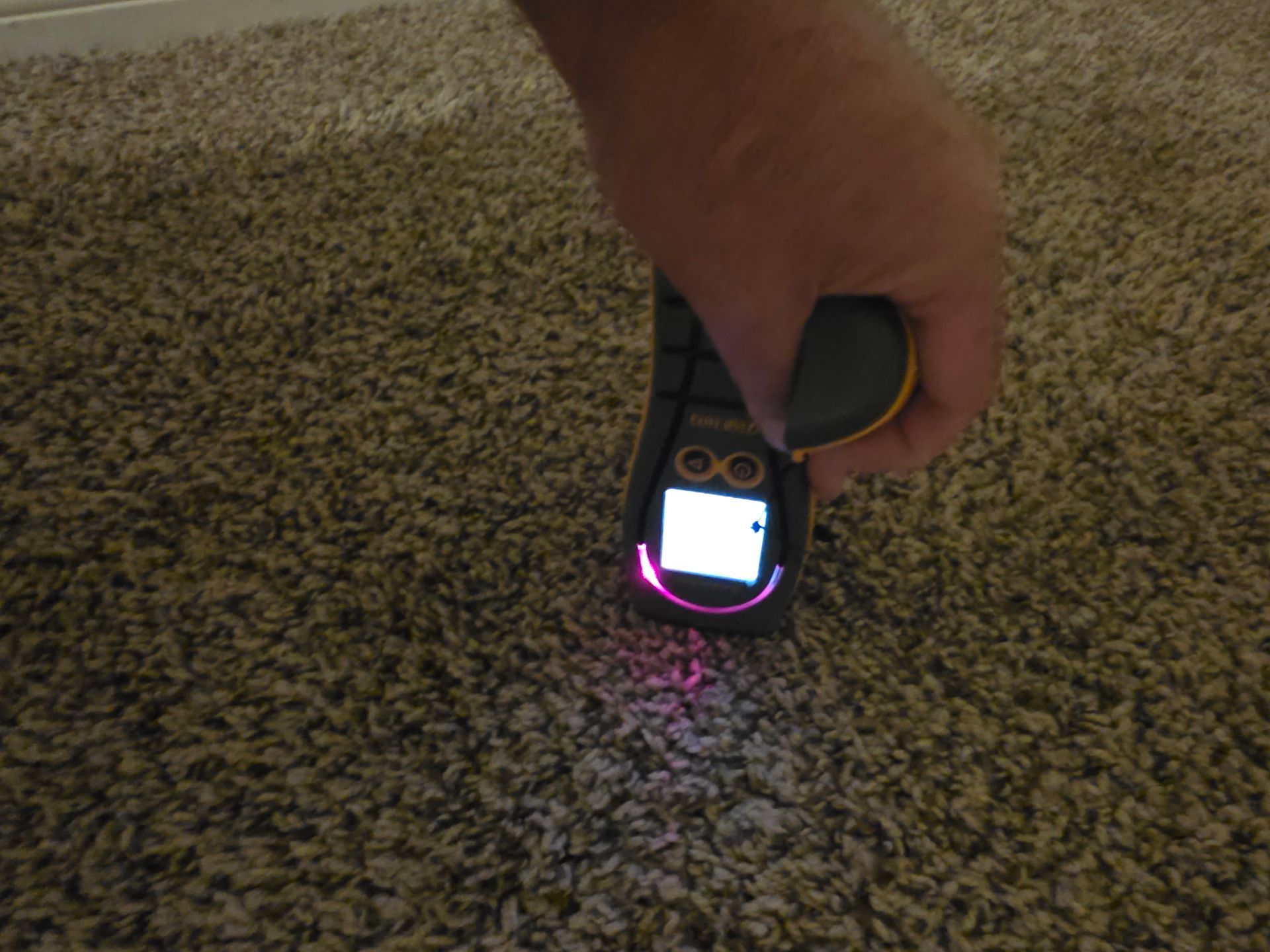 Hand holding a black and yellow device above a carpet, the device’s screen glowing pink.