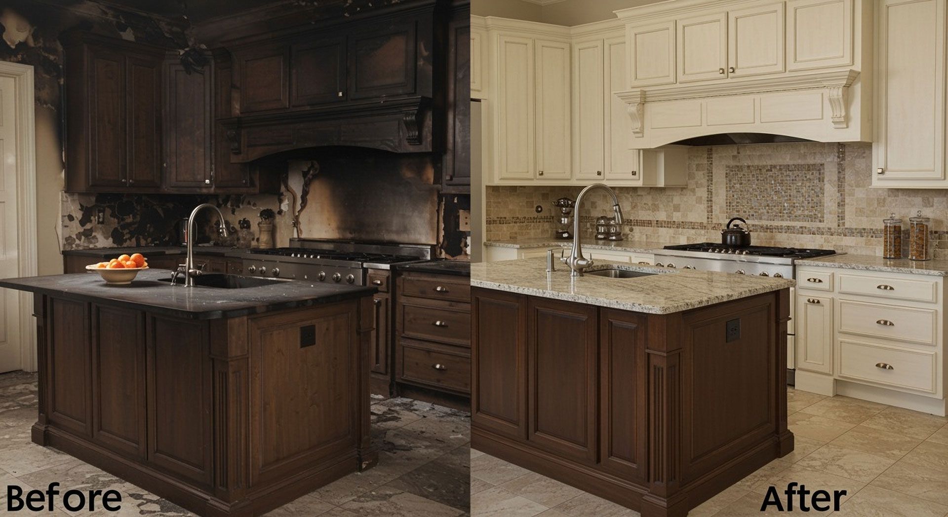 Kitchen before and after fire damage restoration. Burnt kitchen on left, renovated kitchen on right.