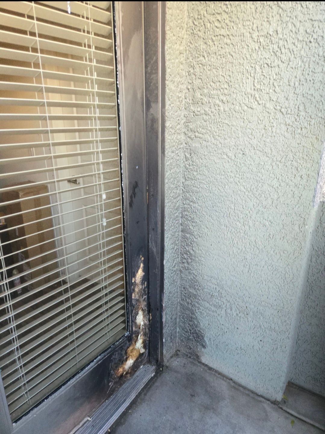 Exterior of a window frame with water damage and mold on stucco wall.