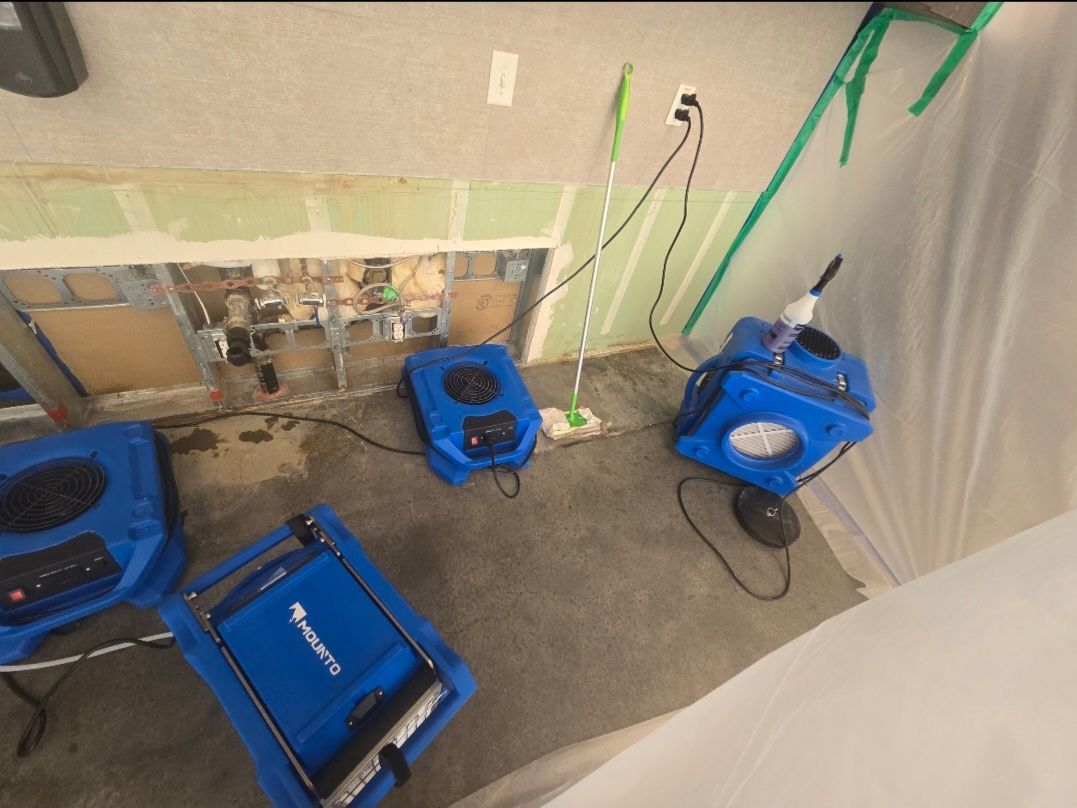 Blue dehumidifiers in a room with exposed wall, drying equipment.