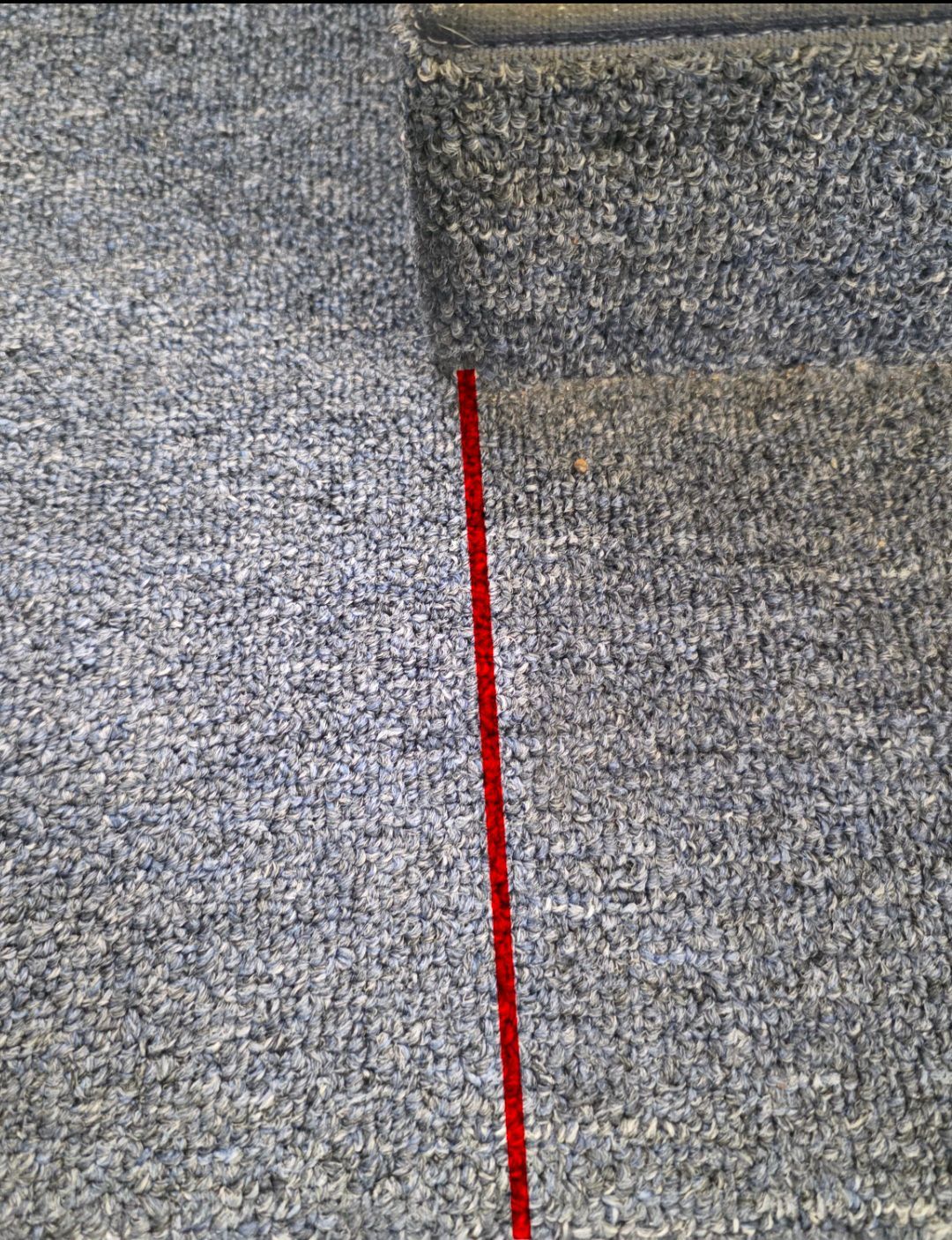 Blue textured carpet with a vertical red line.
