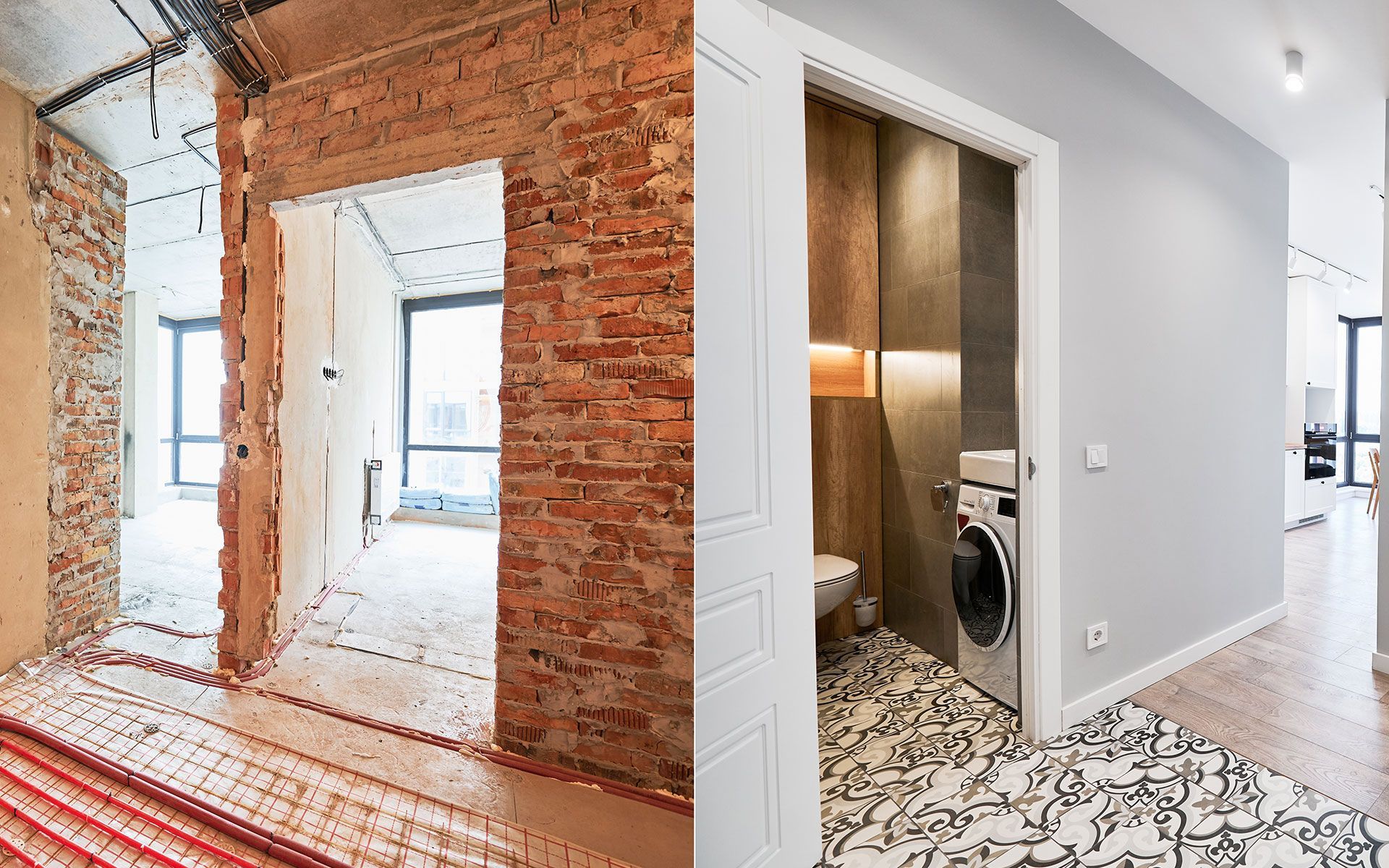 Renovation: Left, a room stripped to brick. Right, a finished hallway with bathroom.