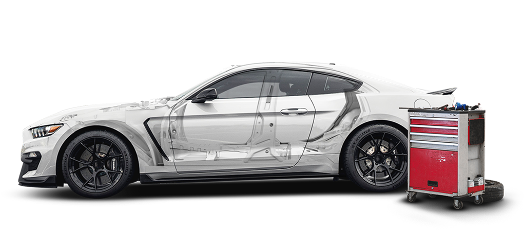 White sports car with a red and silver service cart on white background | Dean's Auto Body