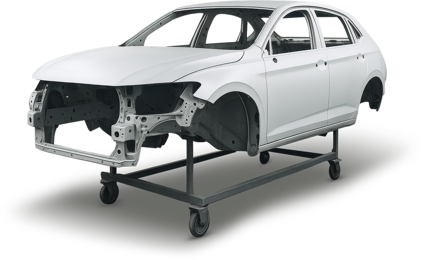 White car body on a rolling frame, without doors, engine, or interior | Dean's Auto Body