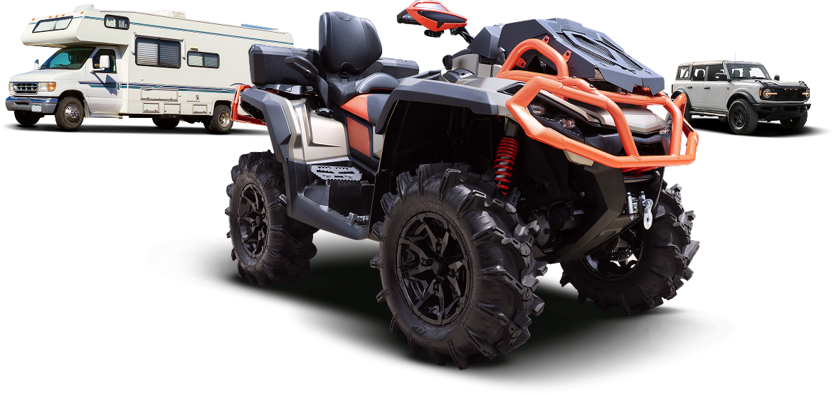 An ATV, a motorhome, and a Bronco on a white background | Dean's Auto Body