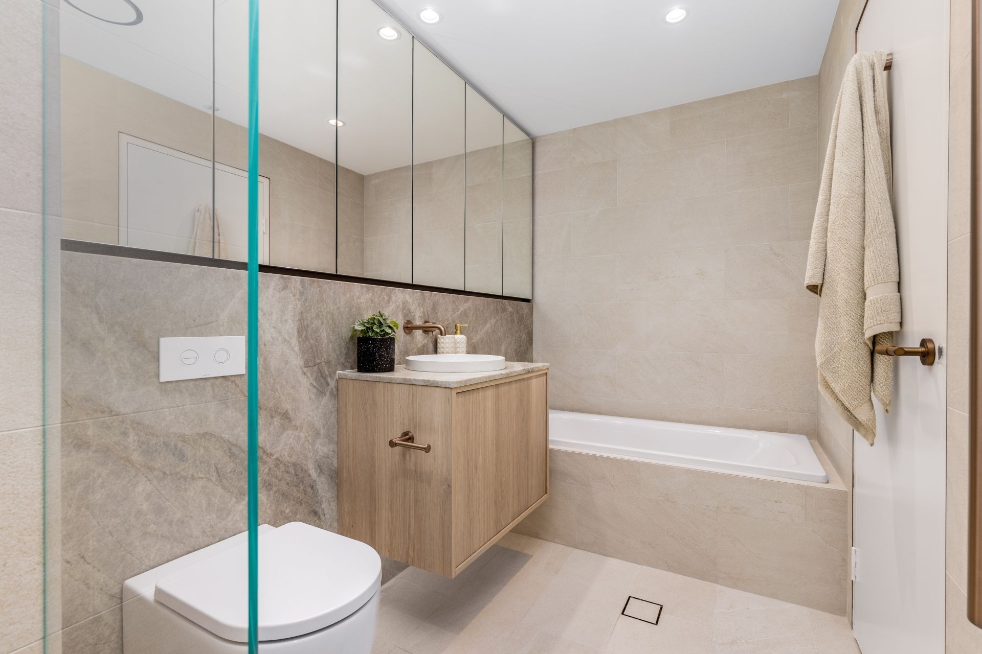 Modern Bathroom With Floating Wooden Vanity — ATH Projects in Drummoyne, NSW
