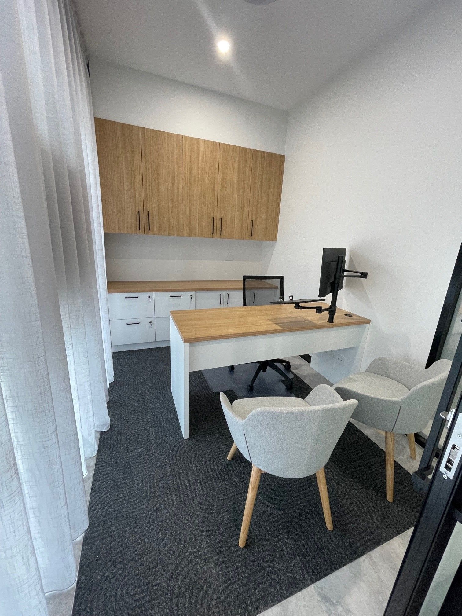Office With a White Desk, Light Wood Cabinets, Two Chairs, and a Monitor — ATH Projects in Kirrawee, NSW