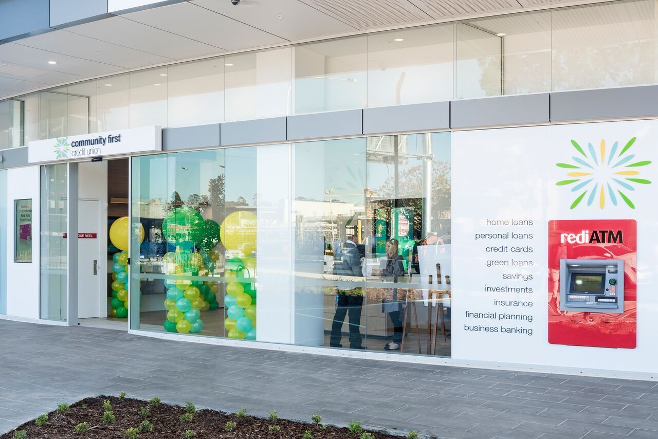 A Bank Entrance With Glass Doors, a Atm, and Balloons — ATH Projects in Kirrawee, NSW