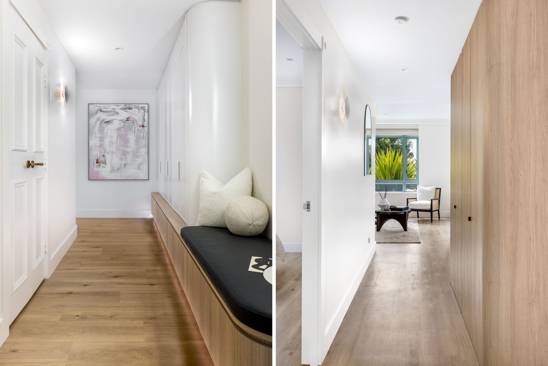 Two Hallways: a Bench and Art, and Wood Cabinetry and a View Into a Living Room — ATH Projects in Drummoyne, NSW