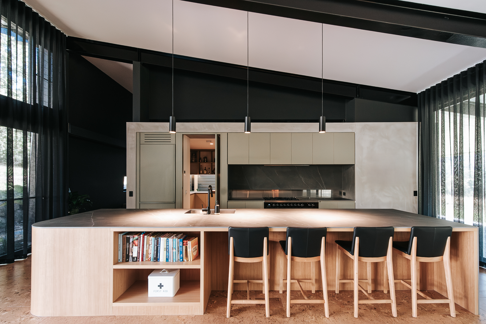 Modern Kitchen With Island, Seating, Shelving, and Pendant Lights — ATH Projects in Eerwah Vale, QLD