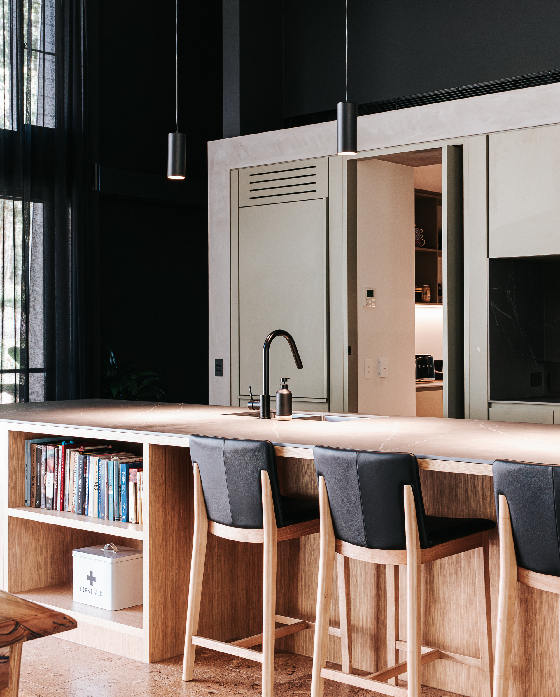 Modern Kitchen With Wood Bar, Stools, Sink, and Pendant Lights — ATH Projects in Eerwah Vale, QLD
