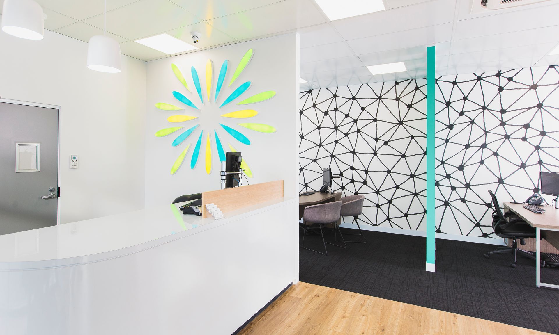 Modern Office Reception Area With White Desk — ATH Projects in Kirrawee, NSW